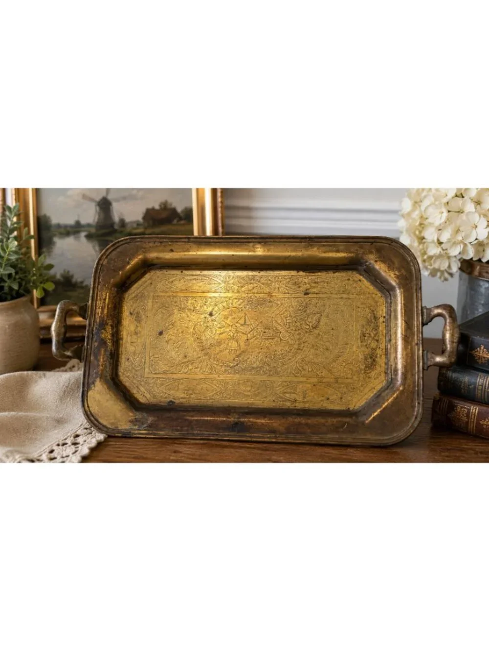 Antique Brass Tone Dutch Windmill Serving Tray Rectangular Handled Etched Metal